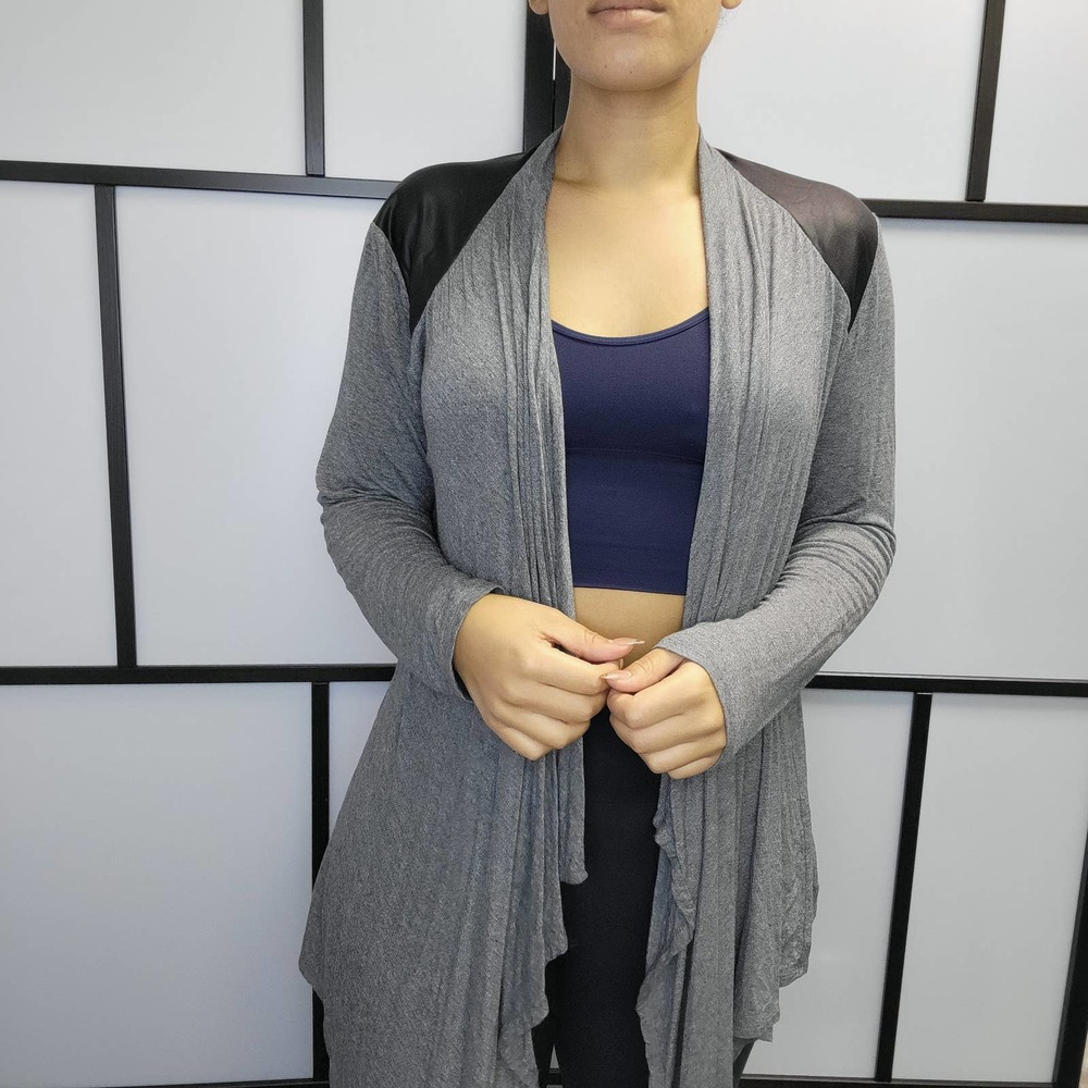 Cardigan Gray and Black leather shoulder Detail XL lightweight flowy jacket